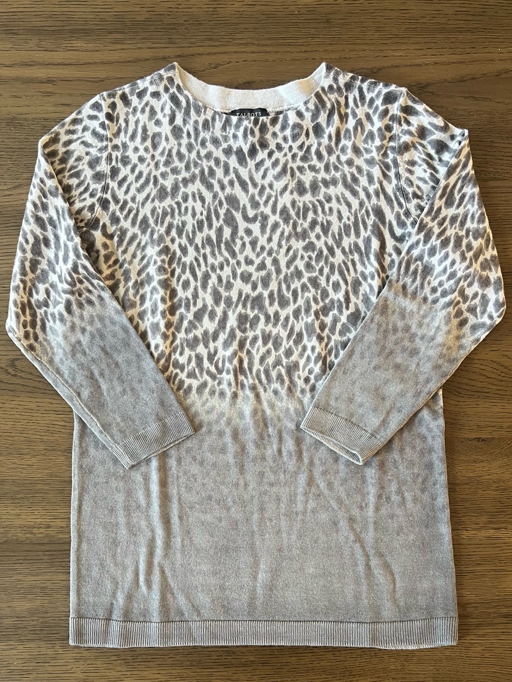Talbots Merino Wool Lightweight Sweater Gray Leopard 3/4 Sleeve Workwear Office